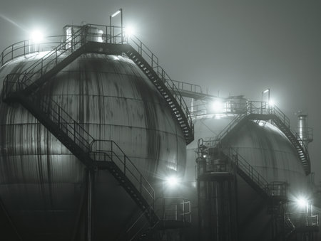 Illuminated industrial storage tanks at night, enveloped in fog, creating a mysterious atmosphere.の素材