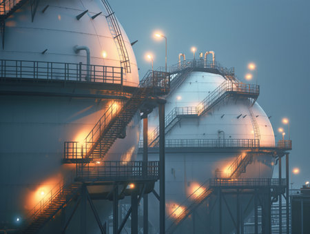 Illuminated gas tanks and staircases in an industrial facility under a dusky sky, showcasing energy infrastructure.の素材