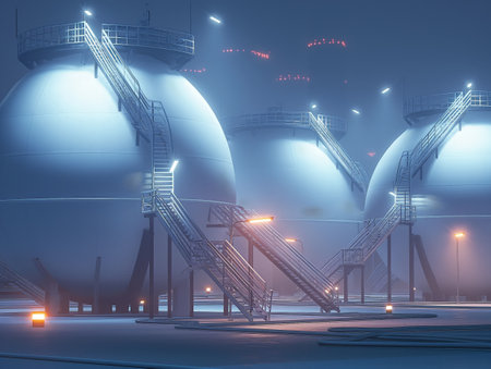 Illuminated spherical storage tanks at a petrochemical plant during twilight with ambient lighting.の素材