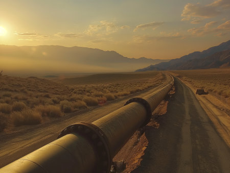 A pipeline stretches across a desert landscape beneath a hazy sunset sky, illustrating infrastructure in remote areas.の素材