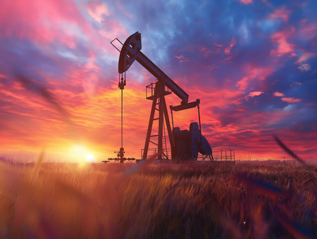 A scenic view of an oil pump jack silhouette against a vibrant sunset sky, symbolizing energy production.の素材