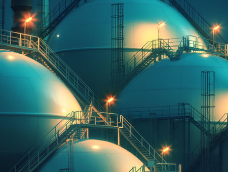Luminous industrial gas storage tanks and steel stairways at dusk, depicting energy and infrastructure.の素材