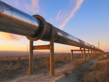 Large metal pipeline extending into the distance against a vibrant sunset sky.の素材