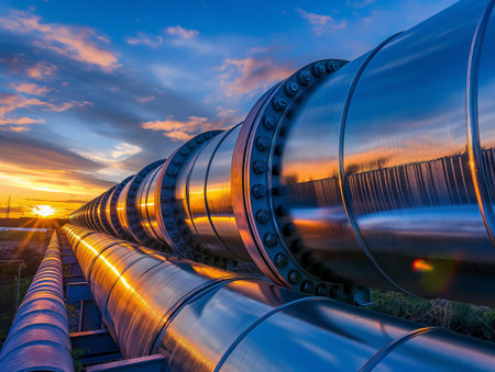 Metallic industrial pipelines gleam under a vivid sunset sky ...