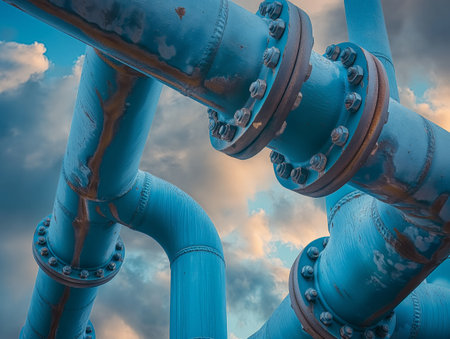 Close-up of blue rusty pipes and flanges with a backdrop of a cloudy sky.の素材
