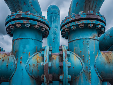 Close-up of weathered blue pipes with flanged connections and rust, industrial background.の素材