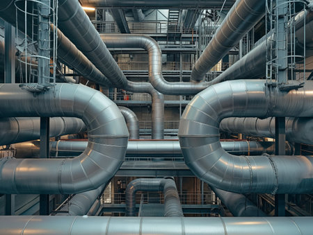 A network of large metal pipes at an industrial facility showcasing complexity in infrastructure.の素材