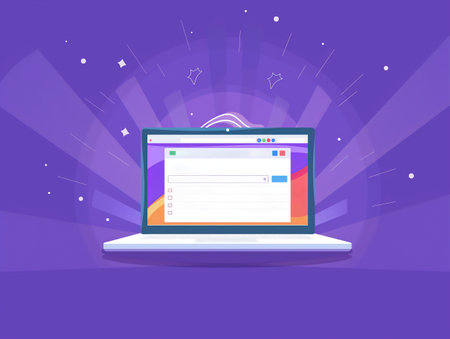 Sleek laptop with an abstract purple background showcasing a dynamic, user-friendly interface and glowing elements.の素材