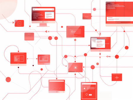 Abstract network of connected red nodes and devices symbolizing digital communication and internet technology.の素材