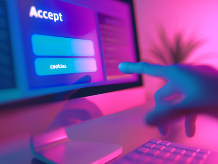Close-up of a hand reaching towards an Accept button on a computer screen, symbolizing consent to website cookies.の素材