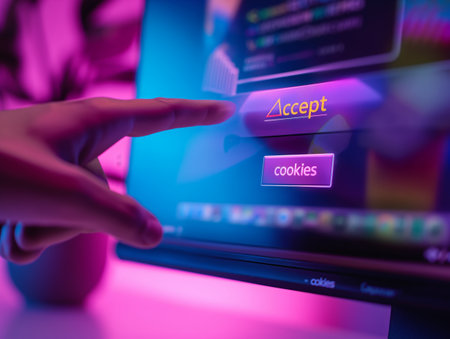 Close-up of a finger about to press an Accept cookies button on a computer screen, symbolizing internet consent.の素材