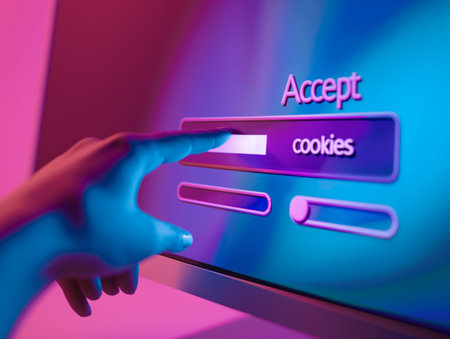 Hand pressing Accept cookies button in a virtual interface with neon light effects, symbolizing online privacy agreement.の素材