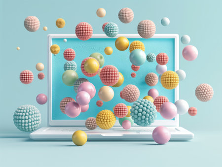 Vibrant spheres emerge from a laptop screen in a symbolic display of innovation and digital ideas.の素材