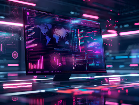 Advanced digital monitoring interface with glowing neon lights and data analytics display.の素材