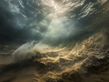 Sunbeams illuminate the underwater scene with ethereal light and dynamic waves creating a surreal ambiance.の素材