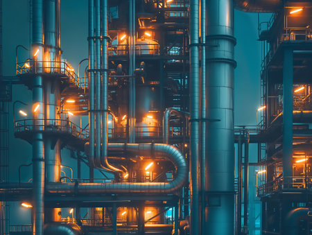 Illuminated oil refinery structures at night with an intricate network of pipes and lights.の素材