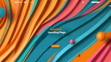 Vibrant abstract shapes and dynamic lines create an energetic backdrop for a modern website landing page with buttons and icons.の素材
