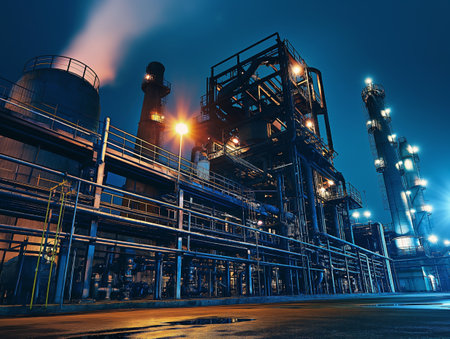 Nighttime view of a chemical plant with glowing lights and steam.の素材