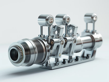 Detailed view of a high precision mechanical component on a clean background, showcasing engineering excellence.の素材