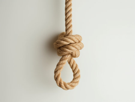 A thick jute rope tied in a knot against a clean, neutral backdrop, symbolizing concepts of strength, struggle, or problem-solving.の素材