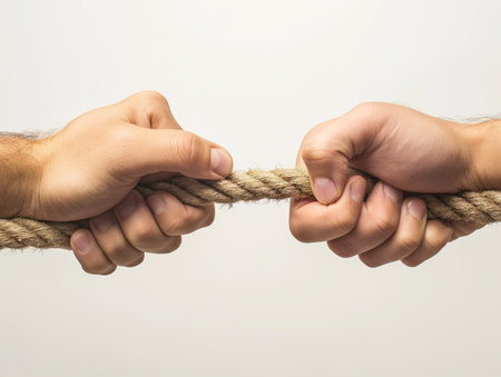 Two hands gripping a rope tightly, symbolizing competition and struggle.の素材