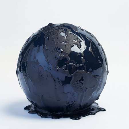 A symbolic representation of the Earth covered in black, glossy oil, symbolizing environmental pollution and its global impact.の素材