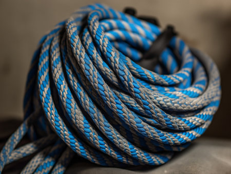 Close-up of a neatly coiled blue and grey climbing rope with a blurred background.の素材