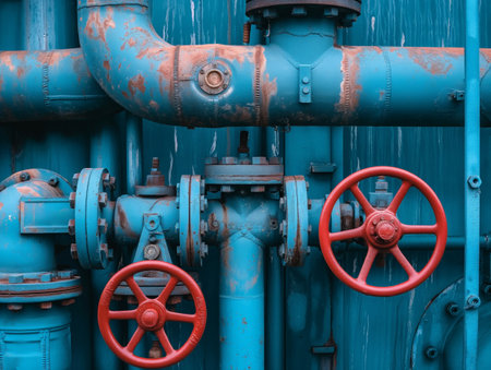 Vibrant red valves contrast against weathered blue industrial piping, symbolizing control and maintenance in a facility.の素材