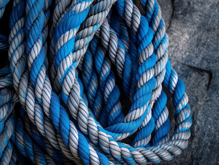 Detailed texture of a coiled blue and white rope against a dark background.の素材