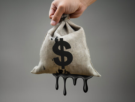 Hand holding a money bag with a dripping black substance, symbolizing financial loss.の素材