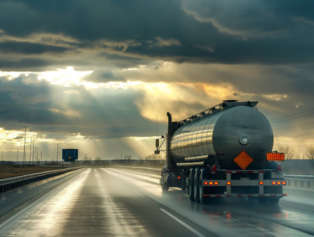 A tanker truck drives along a wet highway under a dramatic sunset sky with Godrays piercing the clouds.の素材