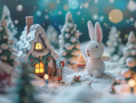 A plush bunny stands in a snowy winter scene with decorated trees and a cozy cottage.の素材