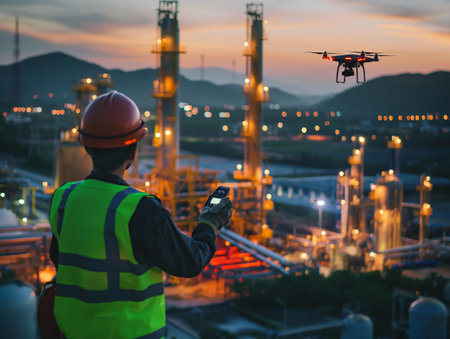 An engineer in a hard hat and reflective vest controlling a drone against the backdrop of an illuminated industrial plant.の素材