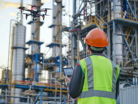 Engineer with tablet controls a drone for industrial inspection against a backdrop of complex machinery.の素材
