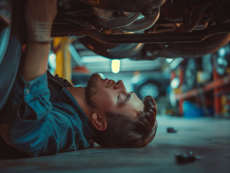 A focused mechanic lying on his back, working underneath a car in a well-equipped garage.の素材