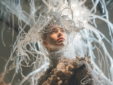 Woman with intricate wire headgear gazes upwards, embodying avant-garde style and conceptual artistry.の素材