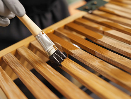 Close-up of a brush applying varnish on a wooden surface for protection and shine.の素材
