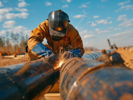 A skilled welder in protective gear working on a pipe outdoors, with sparks flying.の素材