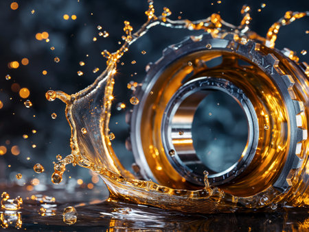 Golden fluid splash captured in high detail around a metal gear, against a dark bokeh background.の素材