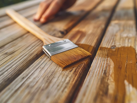 Hand applying brown stain to a wooden surface with a paintbrush, DIY concept, selective focus.の素材
