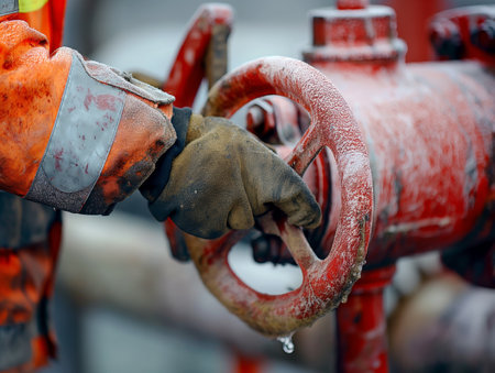 Close-up of workers gloved hands turning a large red valve, symbolizing manual labor and industrial control.の素材