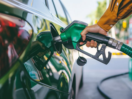 Close-up of hand holding a fuel pump nozzle while refueling a car, with the focus on the pump and fueling process.の素材