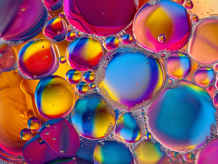 Close-up view of vibrant multi-colored liquid bubbles intermingling, demonstrating a concept of diversity and interaction.の素材