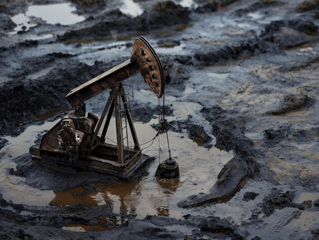A mechanical pump jack operating in a muddy, oil-laden landscape, illustrating energy extraction and environmental impact.の素材