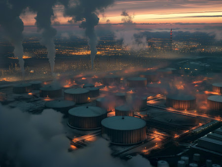 Aerial view of an industrial complex with storage tanks and smokestacks against a dramatic evening sky.の素材