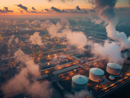 Aerial view of an industrial complex at sunrise with smokestacks emitting steam and glowing lights.の素材