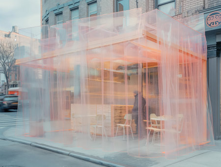 Transparent orange dining enclosure with blurred motion on a city sidewalk.の素材