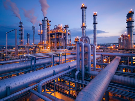 Complex network of pipes at a bustling industrial refinery against a twilight sky.の素材
