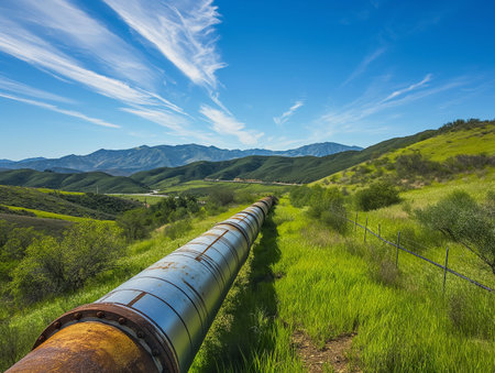 A weathered pipeline stretches across a vibrant green landscape under a dynamic sky.の素材