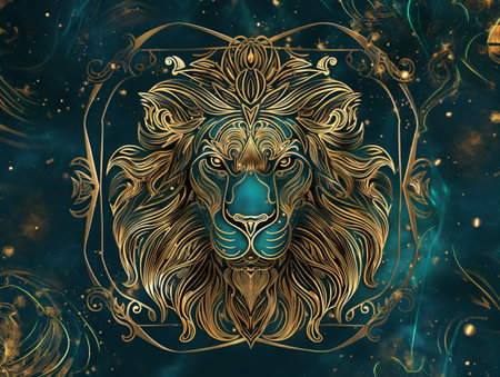 Artistic depiction of a stylized golden lion head with ornate mane against a cosmic background.の素材